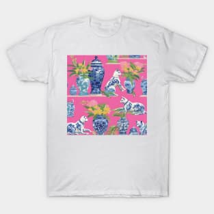 Porcelain cats and chinoiserie jars on hot pink T-Shirt